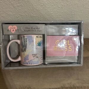 Pink Patterned Mug and Gold Lettered Desk Sign Set